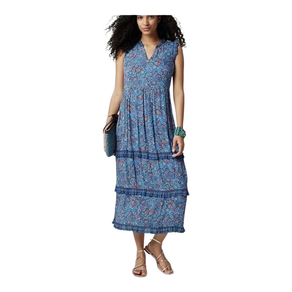 J. Jill Coastal Ruffles Blue Paisley Print Tiered Midi Dress, Size S Petite NWT